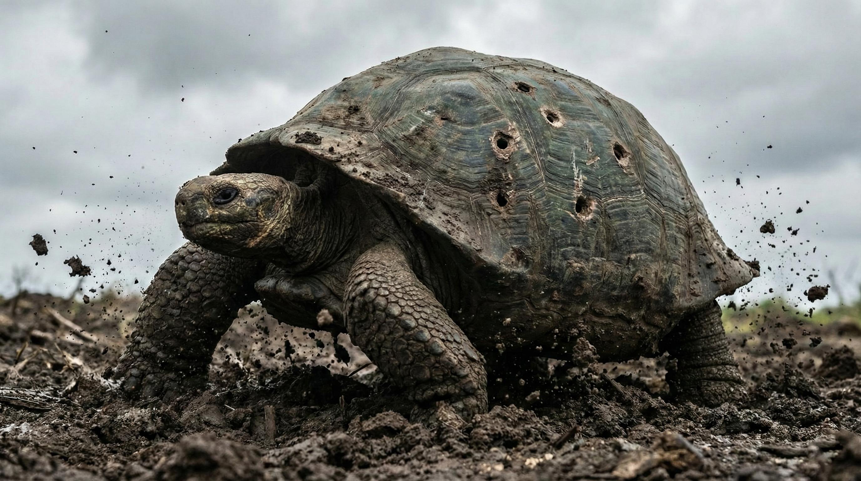 Tank Turtle - a battle-worn tortoise emerging from mud and debris